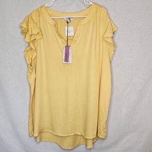 Andree By Unit Women's 2X Yellow Flutter Sleeve V-Neck Blouse